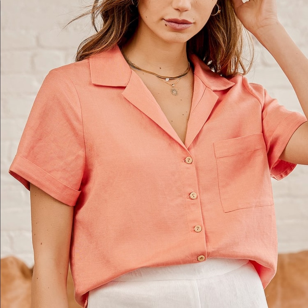 Lulu’s | Coral Pink Short Sleeve Button-Up Top